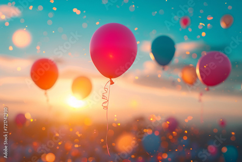 Sunset Glow on Vibrant Balloons Floating Skyward