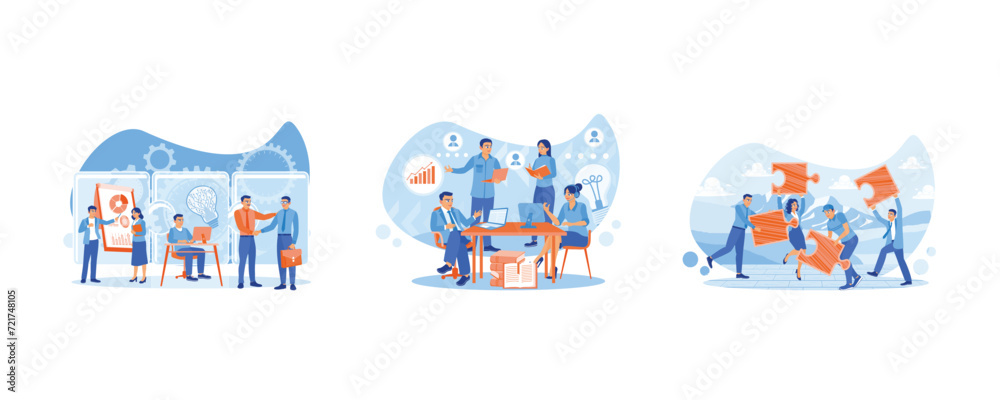 Working together in partnership. Diverse entrepreneurs take part in business activities. Teamwork to achieve success. Team communication concept. Set flat vector illustration. - obrazy, fototapety, plakaty 