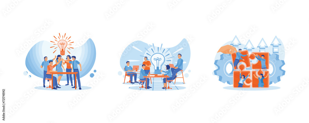 Brainstorming. Team of business people working together in the company. Teamwork to find solutions. Team communication concept. Set flat vector illustration.