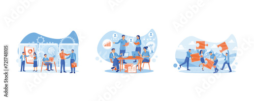 Working together in partnership. Diverse entrepreneurs take part in business activities. Teamwork to achieve success. Team communication concept. Set flat vector illustration.
