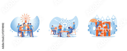 Brainstorming. Team of business people working together in the company. Teamwork to find solutions. Team communication concept. Set flat vector illustration.