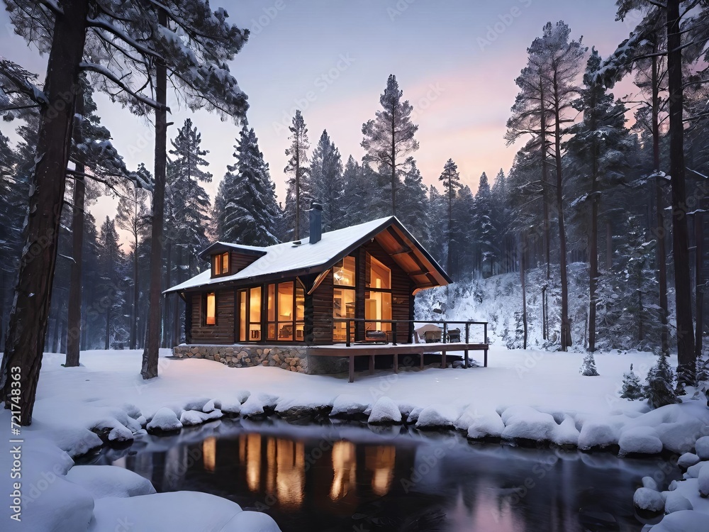 Cabin with illuminated windows is nestled among snow covered pine trees beside a pond, under the twilight sky. Generative AI.