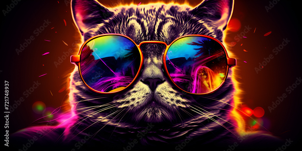 On a Colorful Background, a Cat Wearing Sunglasses Looks Cool.  - obrazy, fototapety, plakaty 