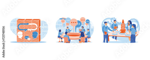 Brainstorming. People are sitting and talking in the office. A group of people has a project to create digital internet communication. Team communication concept. Set flat vector illustration.