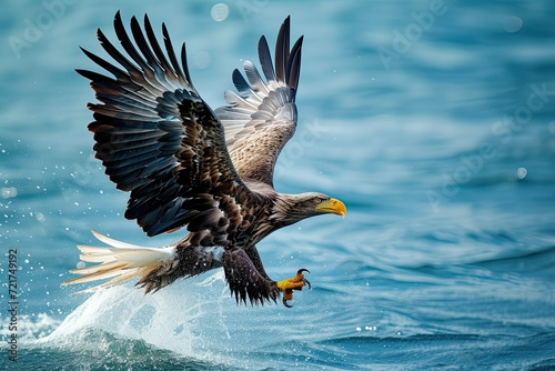Beautiful Stellers Sea Eagle Flying By Flaps The Wings With Splash Of Water Isolated On Sea View photo