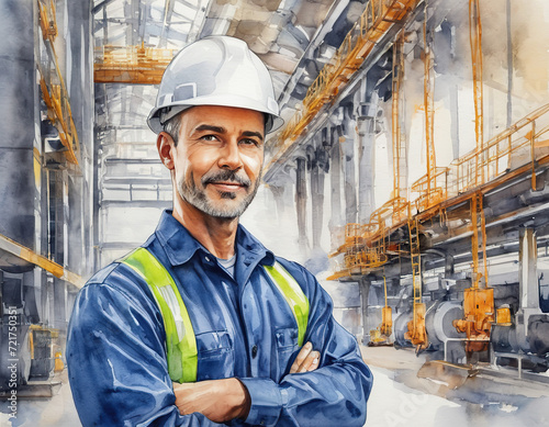 watercolor drawing. Portrait of Industry maintenance engineer man wearing uniform and safety hard hat on factory station. Industry, Engineer, construction concept.