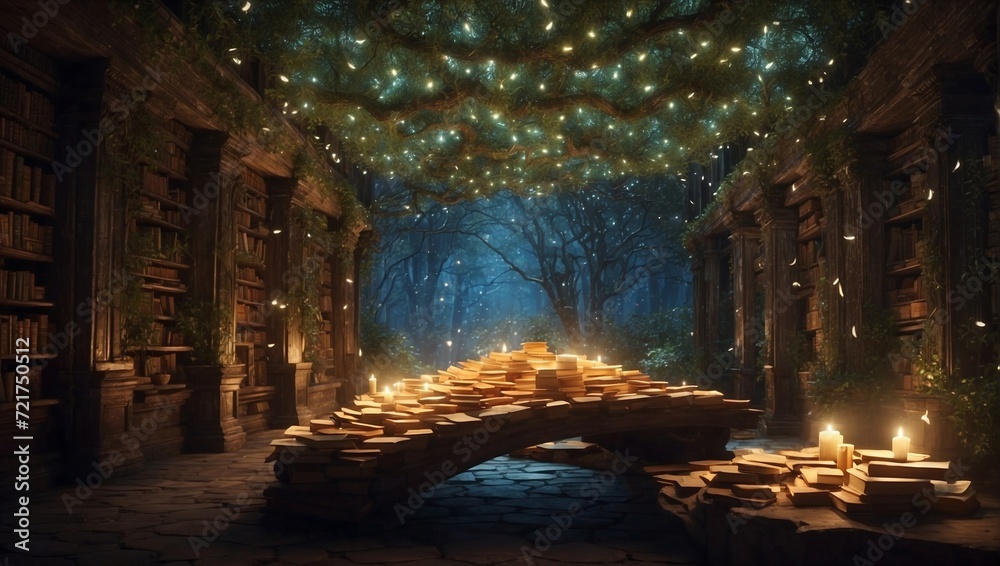 An ancient library where books float and glow with magic, hidden deep within an enchanted forest Generative AI