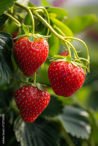Strawberries on a strawberry plant on a strawberry plantation. Concept farm, agronomist, health, dessert, season, harvest, vitamins, berry, greenhouse, food, organic.
