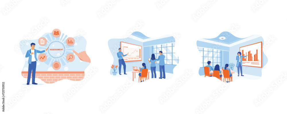 Evaluate business technology. The business team is analyzing financial reports on the LCD screen. Holding a presentation with the business team. Business analysis concept. Set flat vector illustration