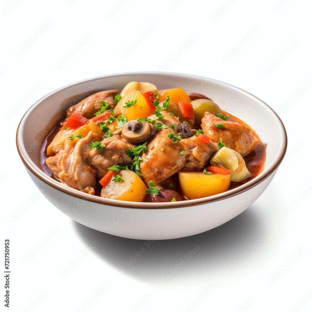 a chicken navarin, studio light , isolated on white background a chicken navarin, studio light , isolated on white background