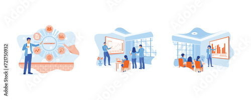 Evaluate business technology. The business team is analyzing financial reports on the LCD screen. Holding a presentation with the business team. Business analysis concept. Set flat vector illustration