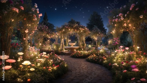 An enchanted garden at night, with flowers that glow and whisper secrets to the visitors Generative AI