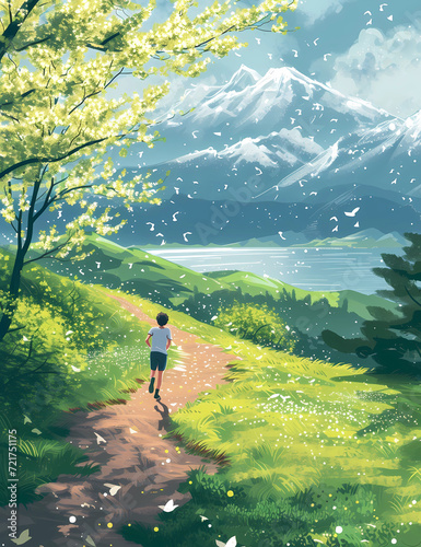spring time background person running on path