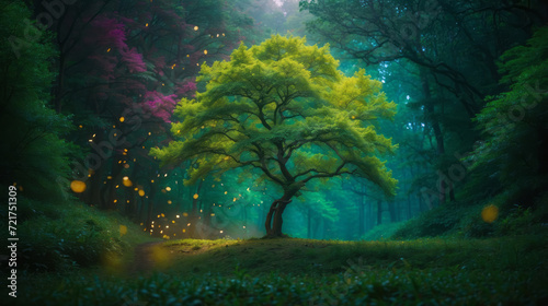 A tree in the middle magical forest, represents peace and union with nature