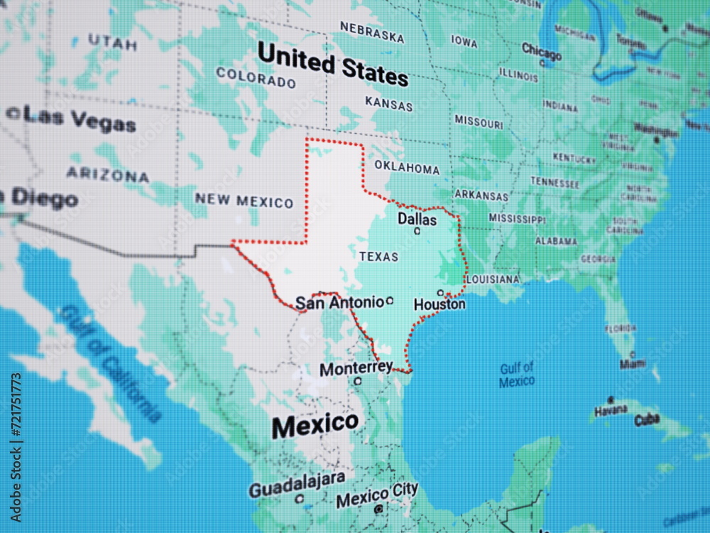 3d rendering illustration of LCD screen with USA map and Texas state highlighted