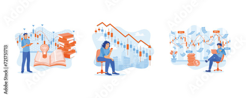 Analyzing stock market charts. A woman sitting on a chair with a sad face. Risk economic symbol. Stock Trading concept. Set flat vector illustration.