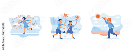 Back to school. Children playing with paper windmills in a farm field. Boys dream of becoming pilots. Children's concept. Set flat vector illustration