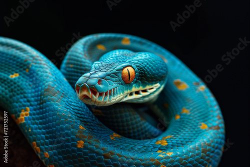 Blue viper snake closeup face, venomous reptile with striking scales, dangerous snake head, wildlife photography, serpent close view, venomous creature, reptile eyes, snake pattern, predator, serpent  photo