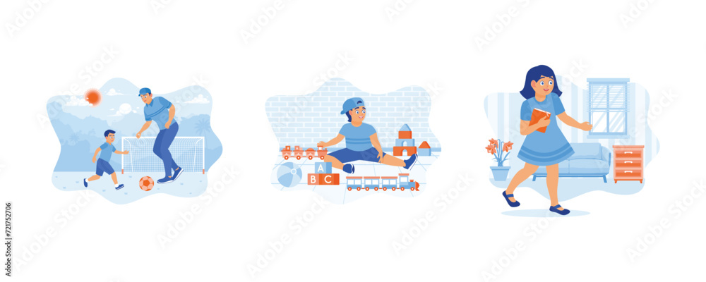 Spending holiday time with family. Boys playing with trains and arranging pyramid-shaped blocks. Read storybooks to fill your free time. Children's concept. Set flat vector illustration 