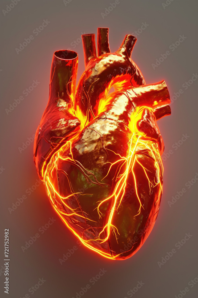 3D Model Heart with Orange Electric Pulse, Generative AI