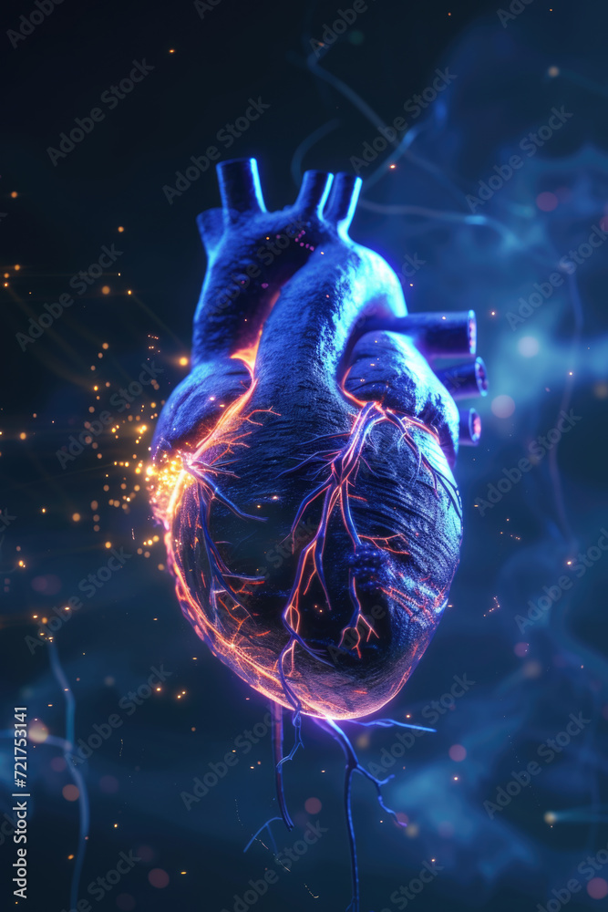3D Heart Model with Multicolor Glow and Orange Pulse, Generative AI