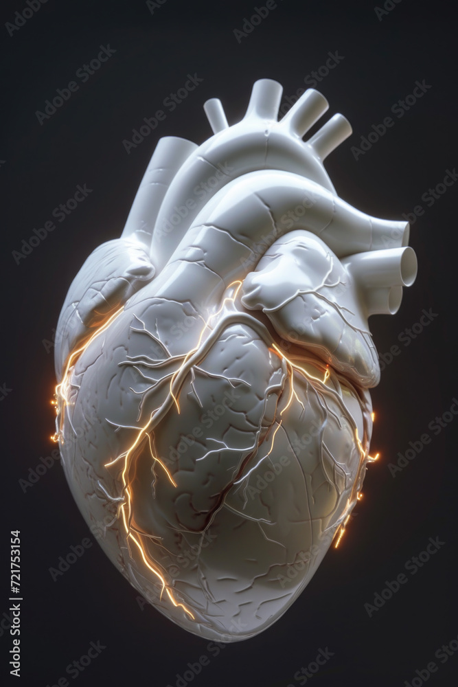 White Heart with Golden Orange Electric Pulse, Generative AI