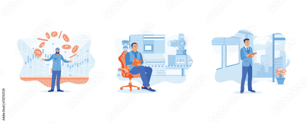 Businessman analyzing stock market charts. Audit industrial safety risk assessments. Analyzing office financial data. Finance control scenes concept. Set flat vector illustration 