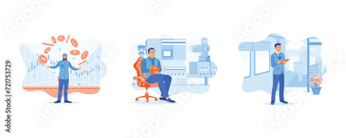 Businessman analyzing stock market charts. Audit industrial safety risk assessments. Analyzing office financial data. Finance control scenes concept. Set flat vector illustration 
