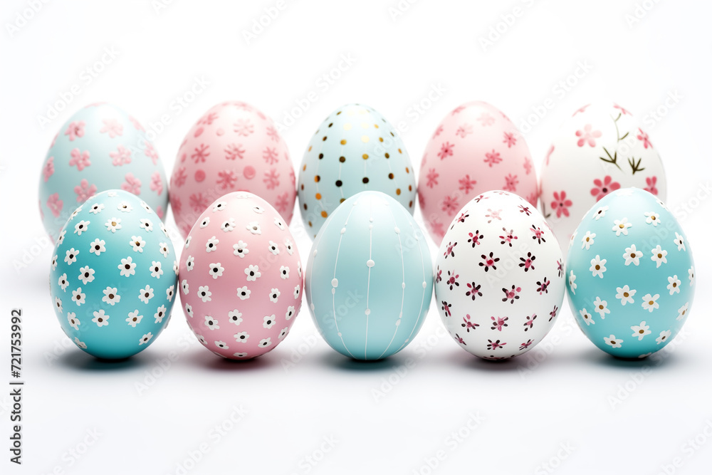 Set of pastel blue and pink easter eggs with decorative floral patterns on white