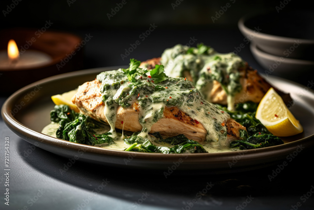 Delicious, creamy spinach artichoke chicken is served. (Generative AI) Delicious, creamy spinach artichoke chicken is served. (Generative AI)