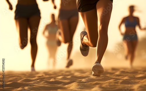 Sport group running on sand beach
