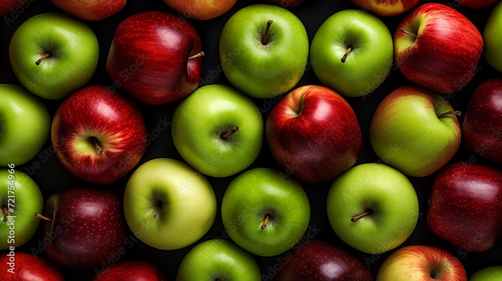 Red and green apples on black background, top view and flat lay. Red and green apples on black background, top view and flat lay.