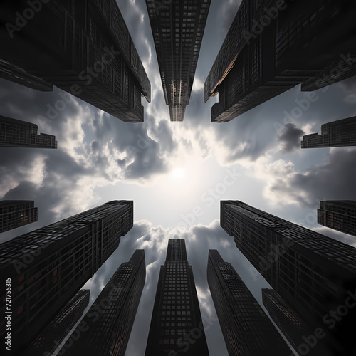 A symmetrical arrangement of skyscrapers against a dramatic sky.
