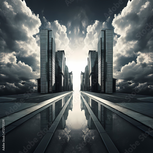 A symmetrical arrangement of skyscrapers against a dramatic sky.