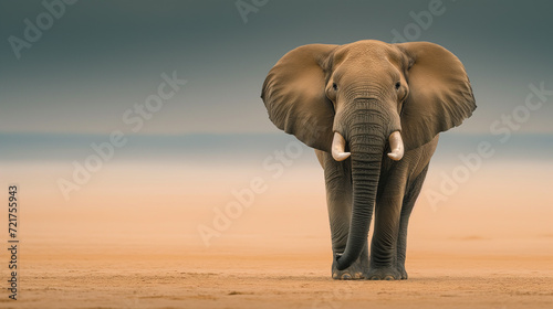an Elephant standing against sand color background with copy space photo