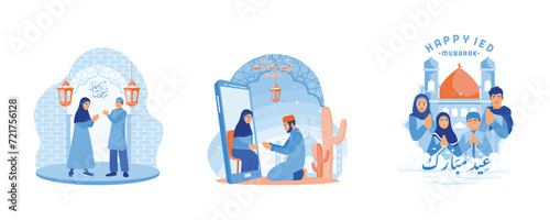 Happy Ramadan and Eid al-Fitr. Son apologizes to his parents via cell phone. Muslim families forgive each other. Happy Eid Mubarak concept. Set flat vector illustration