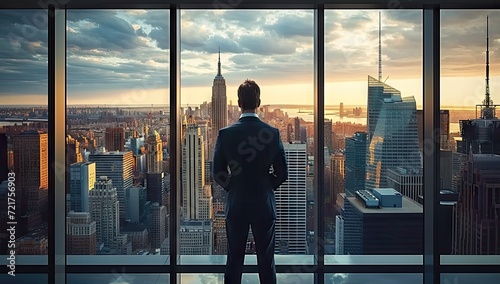 Business aspirations touching sky businessman gaze on cityscape high. Silhouettes of success dreams in urban lights future promise in professional. In heart of city ambitions fly leader stands goals