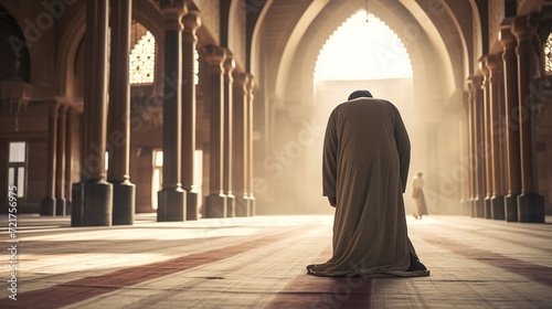 Muslim man praying in islamic mosque. Ramadan kareen and eid fitr or adha mubarak day background illustration. photo