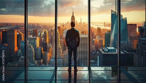 Business aspirations touching sky businessman gaze on cityscape high. Silhouettes of success dreams in urban lights future promise in professional. In heart of city ambitions fly leader stands goals photo