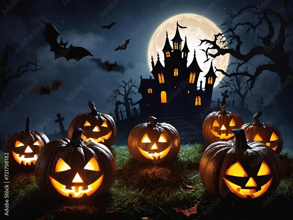 A spooky Halloween scene with illuminated jack o’ lanterns, a haunted castle, full moon, and bats in the background. Generative AI. A spooky Halloween scene with illuminated jack o’ lanterns, a haunted castle, full moon, and bats in the background. Generative AI.