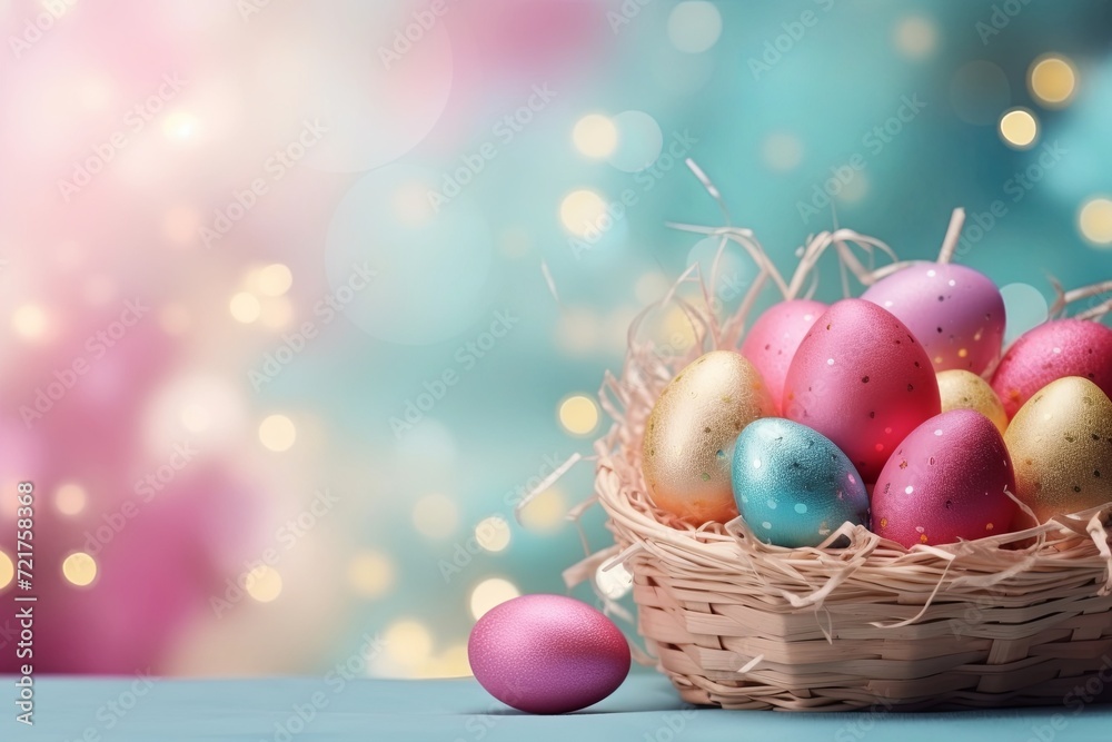 Easter eggs in basket nest on bright pastel bokeh background. Easter day. presentation. advertisement. copy text space.