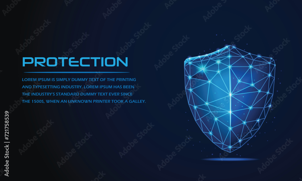 Shield. Futuristic Secure technology low polygonal guard shield symbol.3d modern Abstract wireframe vector illustration on a dark blue background. concept of data protection, Secure service. - obrazy, fototapety, plakaty 