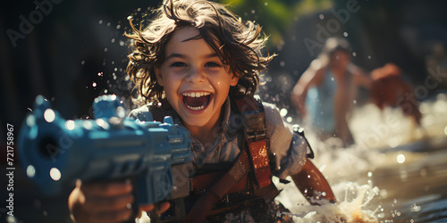 Little Boy Holding His Water Gun, Playing Happily photo