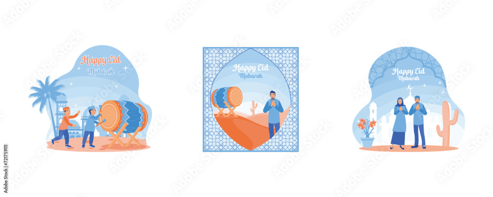 Takbiran children welcome Eid al Fitr. Happy Muslim man welcoming Eid al Fitr. Happy Eid Mubarak concept. Set flat vector illustration 