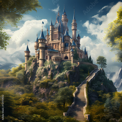 Enchanting fairytale castle on a hill. 