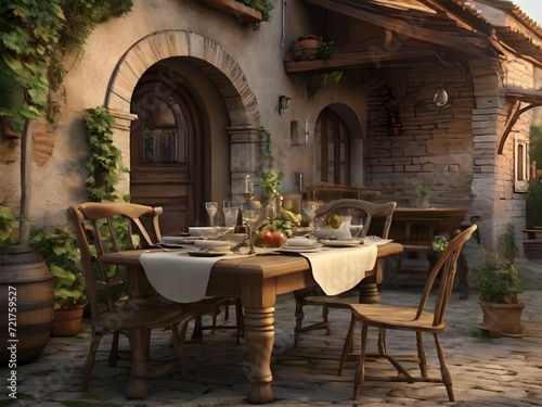 A dining table outside of vintage Italian house in the village © Julio
