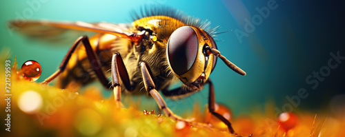 Close-Up View of a Common Housefly Perched on a Surface With Water Droplets