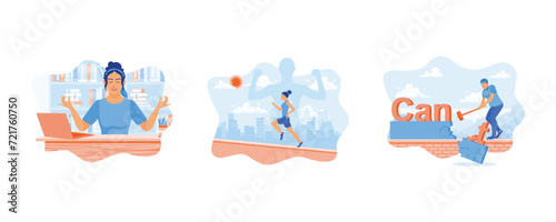 Practice yoga breathing at work. Strong woman running in the morning. Change the text from unable to able to use the hammer. Self-improvement concept. Set flat vector illustration.