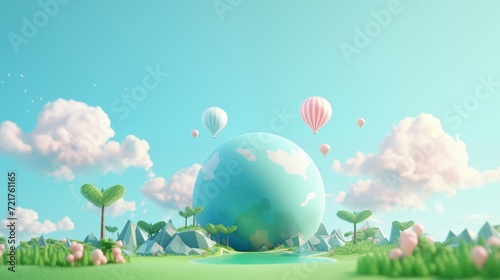 A globe with trees and clouds around it.