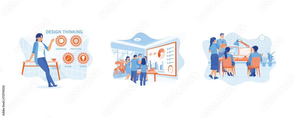 The front end development team develops UI and UX designs for mobile applications on virtual screens. APP devs concept. Set flat vector illustration.